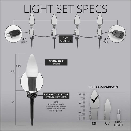 C9 Warm White Smooth OptiCore LED Christmas Pathway Lights, 25 Lights, 25', 5 Inch PathPRO Stakes
