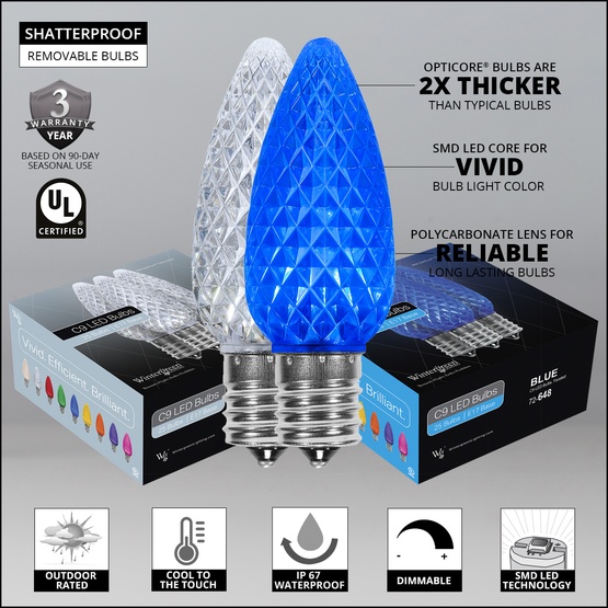 C9 Blue / Cool White OptiCore Commercial LED Christmas String Lights, 50 Lights, 50'