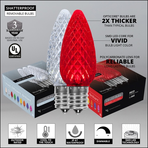 C9 Cool White / Red OptiCore Commercial LED Christmas String Lights, 50 Lights, 50'