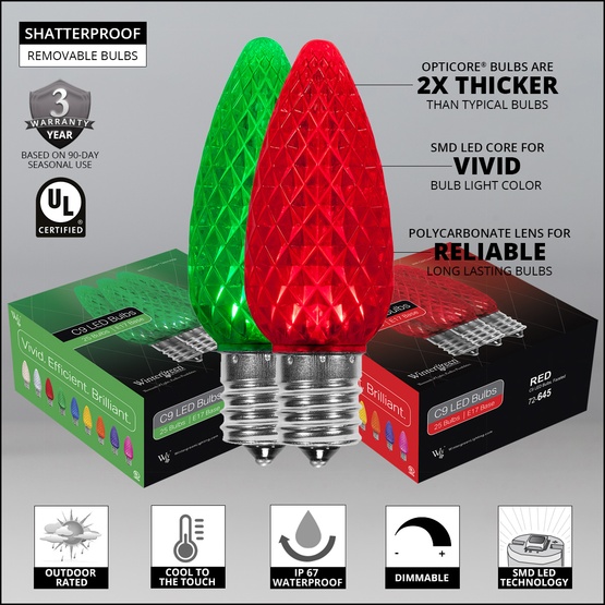 C9 Green / Red OptiCore Commercial LED Christmas String Lights, 50 Lights, 50'