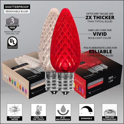 C9 Red / Warm White OptiCore Commercial LED Christmas String Lights, 50 Lights, 50'