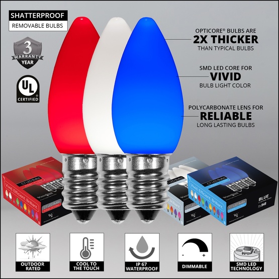 75' White Patio String Light Set with 75 C7 Red, White and Blue OptiCore LED Light Bulbs, E12 Bulbs