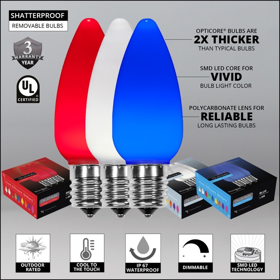 C9 Red / White / Blue Smooth OptiCore LED Pathway Lights, 75 Lights, 75', 5 Inch PathPRO Stakes