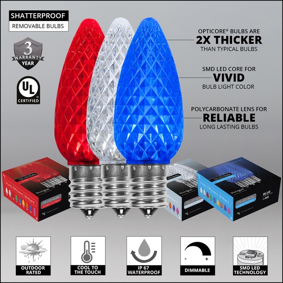 75' White Patio String Light Set with 75 C9 Red, White and Blue OptiCore LED Light Bulbs, E17 Bulbs