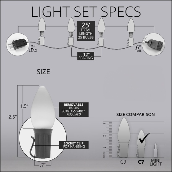 C7 Green Smooth OptiCore Commercial LED Christmas String Lights, 25 Lights, 25'