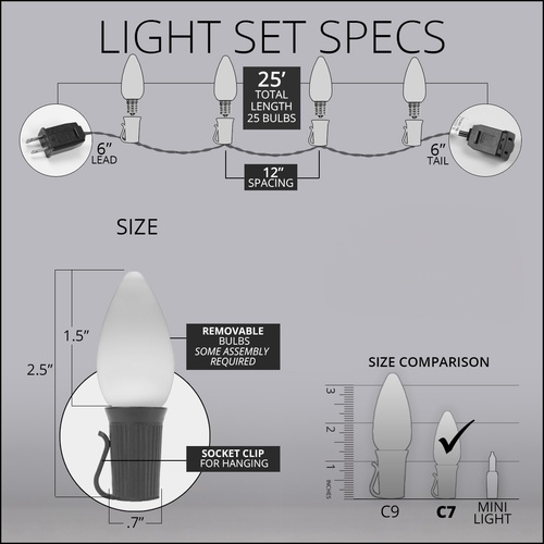 C7 Green Smooth OptiCore Commercial LED Christmas String Lights, 25 Lights, 25'