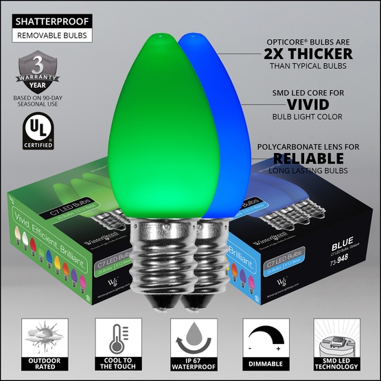 C7 Blue / Green Smooth OptiCore Commercial LED Christmas String Lights, 50 Lights, 50'