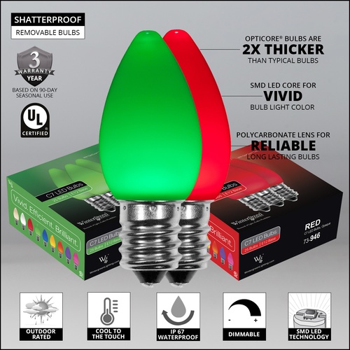C7 Green / Red Smooth OptiCore Commercial LED Christmas String Lights, 50 Lights, 50'