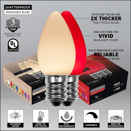 C7 Red / Warm White Smooth OptiCore Commercial LED Christmas String Lights, 50 Lights, 50'