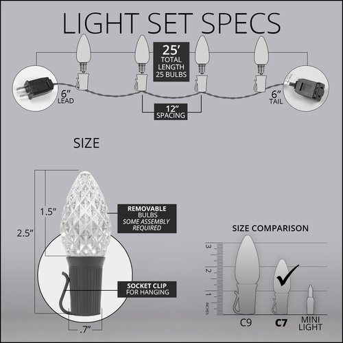 C7 Gold OptiCore Commercial LED Christmas String Lights, 25 Lights, 25'