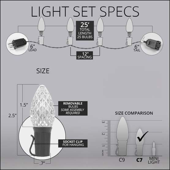C7 Warm White OptiCore Commercial LED Christmas String Lights, 25 Lights, 25'