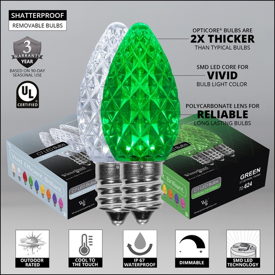 C7 Cool White / Green OptiCore Commercial LED Christmas String Lights, 50 Lights, 50'