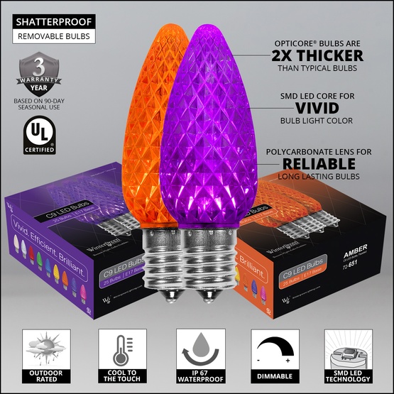 C9 Amber / Purple OptiCore Commercial LED Halloween String Lights, 50 Lights, 50'
