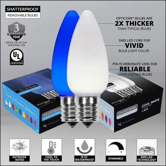 C9 Blue / Cool White Smooth OptiCore Commercial LED Christmas String Lights, 50 Lights, 50'