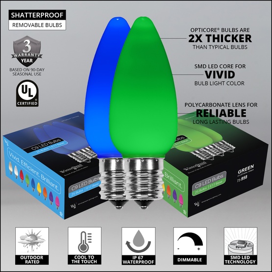 C9 Blue / Green Smooth OptiCore Commercial LED Christmas String Lights, 50 Lights, 50'