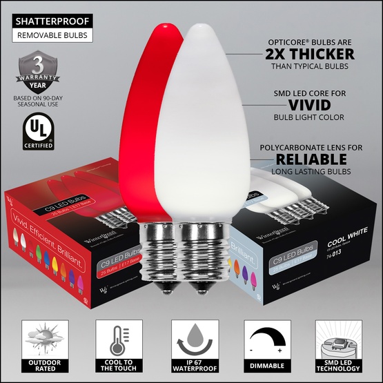 C9 Cool White / Red Smooth OptiCore Commercial LED Christmas String Lights, 50 Lights, 50'