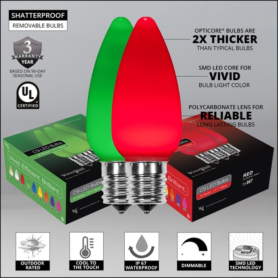 C9 Green / Red Smooth OptiCore Commercial LED Christmas String Lights, 50 Lights, 50'