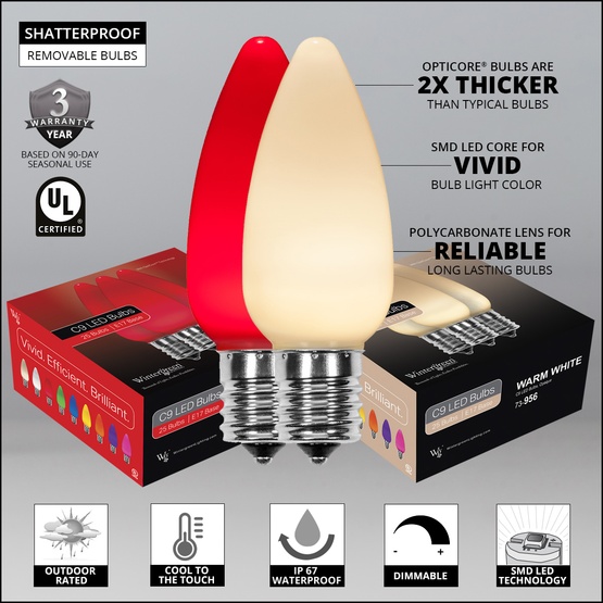 C9 Red / Warm White Smooth OptiCore Commercial LED Christmas String Lights, 50 Lights, 50'