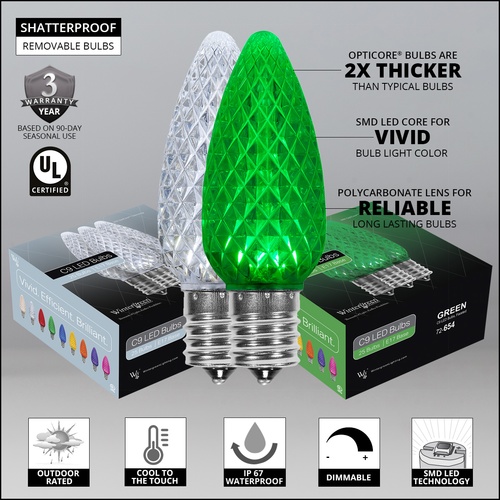 C9 Cool White / Green OptiCore Commercial LED Christmas String Lights, 50 Lights, 50'