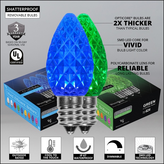 C7 Blue / Green OptiCore Commercial LED Christmas String Lights, 50 Lights, 50'