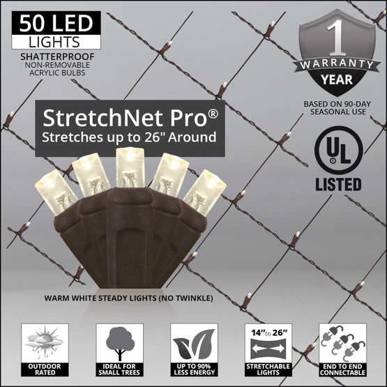 StretchNet Pro 14" x 31.5" Tree Wrap Lights, 5mm LED, 50 Warm White Lights, Brown Wire