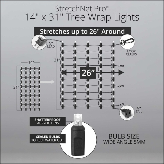 StretchNet Pro 14" x 31.5" Tree Wrap Lights, 5mm LED, 50 Cool White Lights, Brown Wire