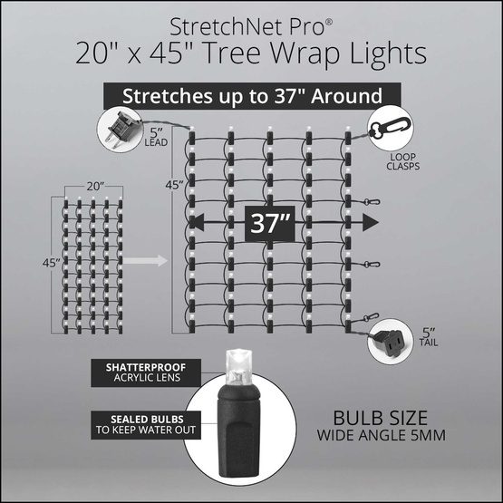StretchNet Pro 20" x 45" Tree Wrap Lights, 5mm LED, 50 Warm White Lights, Brown Wire