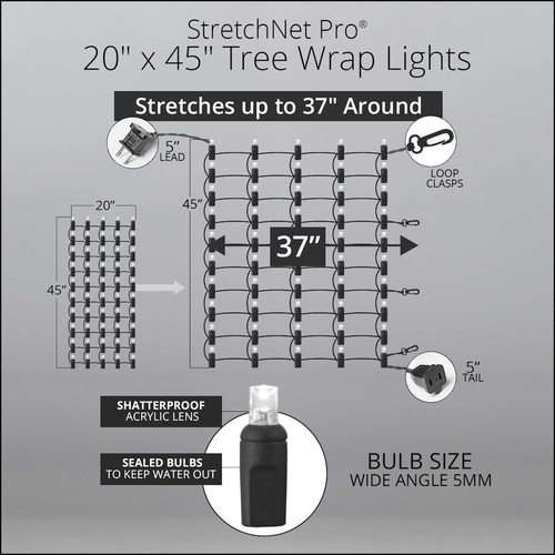 StretchNet Pro 20" x 45" Tree Wrap Lights, 5mm LED, 50 Warm White Lights, Brown Wire