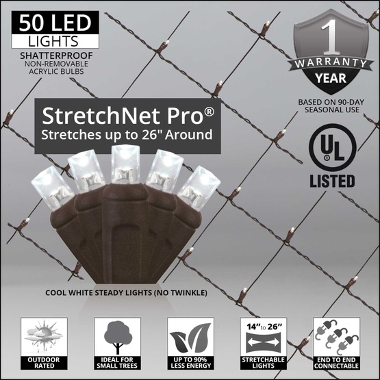 StretchNet Pro 14" x 31.5" Tree Wrap Lights, 5mm LED, 50 Cool White Lights, Brown Wire