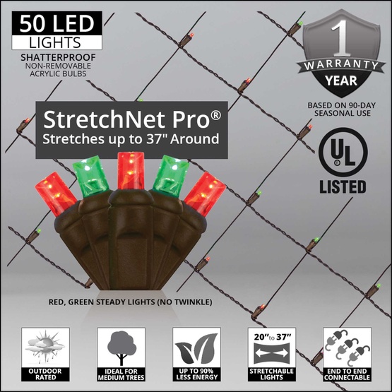 StretchNet Pro 20" x 45" Tree Wrap Lights, 5mm LED, 50 Red, Green Lights, Brown Wire