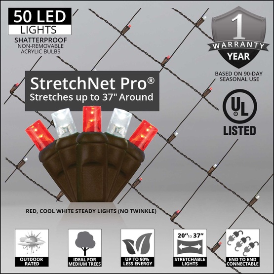 StretchNet Pro 20" x 45" Tree Wrap Lights, 5mm LED, 50 Red, Cool White Lights, Brown Wire