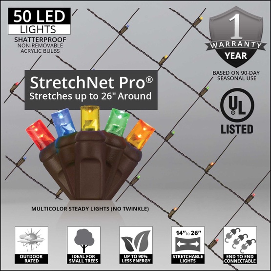 StretchNet Pro 14" x 31.5" Tree Wrap Lights, 5mm LED, 50 Multicolor Lights, Brown Wire