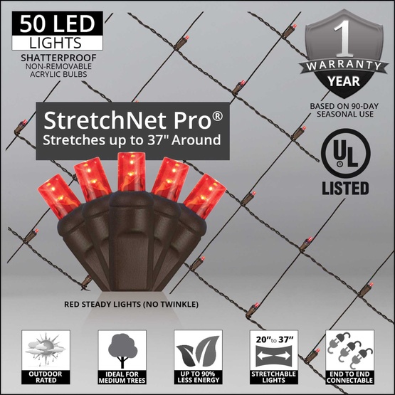 StretchNet Pro 20" x 45" Tree Wrap Lights, 5mm LED, 50 Red Lights, Brown Wire