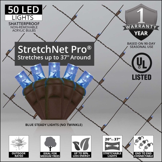 StretchNet Pro 20" x 45" Tree Wrap Lights, 5mm LED, 50 Blue Lights, Brown Wire