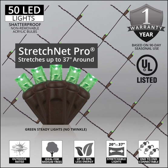 StretchNet Pro 20" x 45" Tree Wrap Lights, 5mm LED, 50 Green Lights, Brown Wire