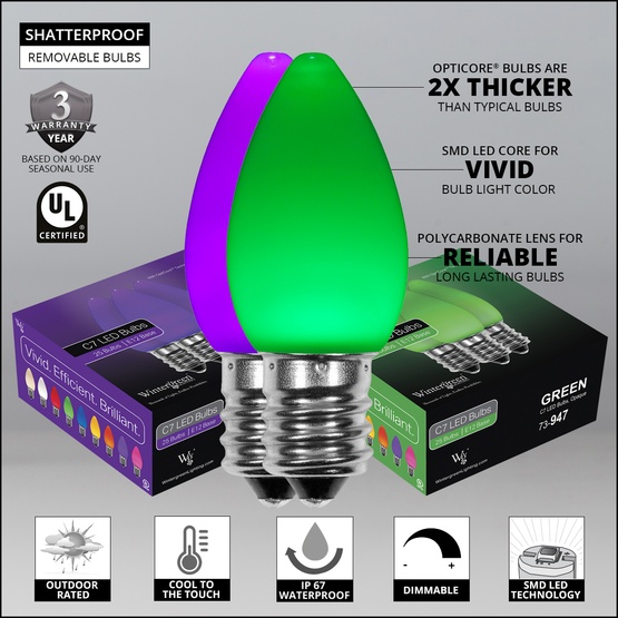 C7 Green / Purple Smooth OptiCore Commercial LED Halloween String Lights, 50 Lights, 50'