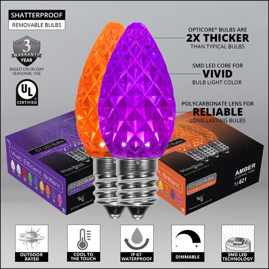 C7 Amber / Purple OptiCore Commercial LED Halloween String Lights, 50 Lights, 50'