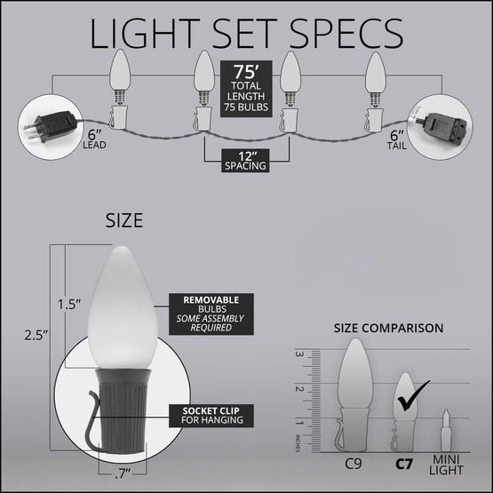 75' White Patio String Light Set with 75 C7 Red, White and Blue OptiCore LED Light Bulbs, E12 Bulbs