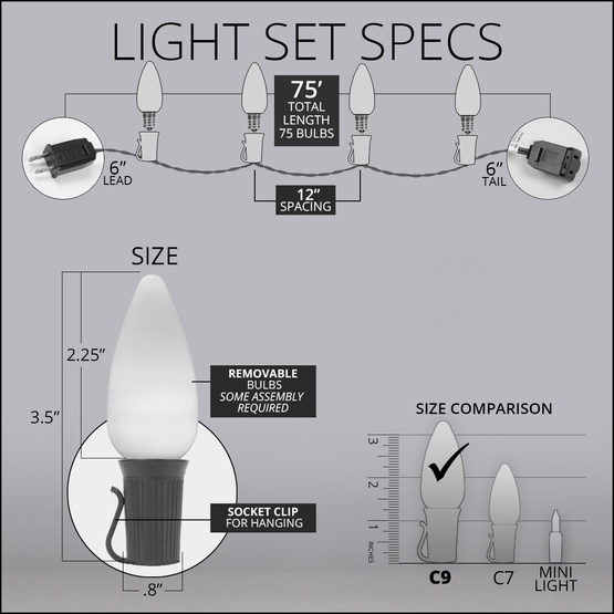 75' White Patio String Light Set with 75 C9 Red, White and Blue OptiCore LED Light Bulbs, E17 Bulbs