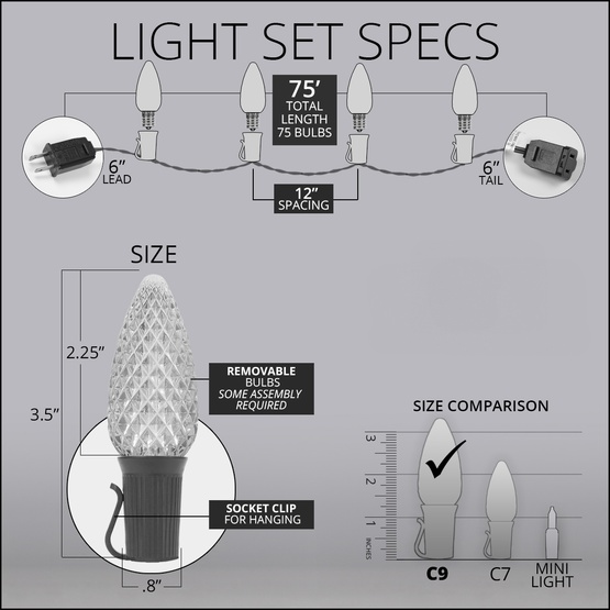 75' White Patio String Light Set with 75 C9 Red, White and Blue OptiCore LED Light Bulbs, E17 Bulbs