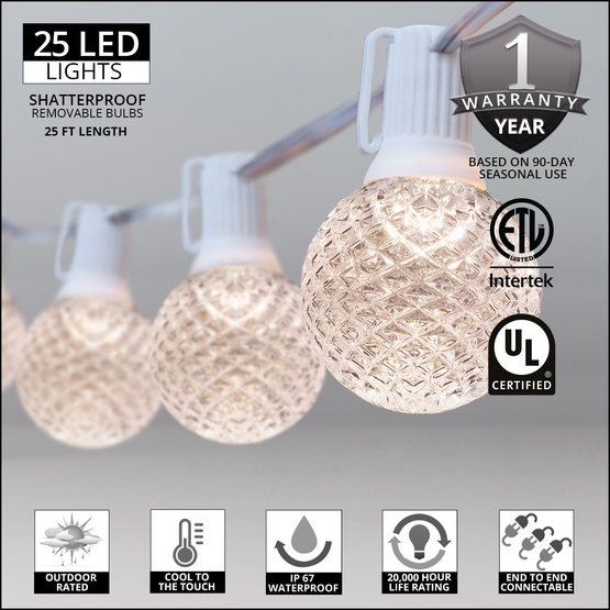 25' G50 Warm White OptiCore LED Globe String Lights, E17 Base, White Wire