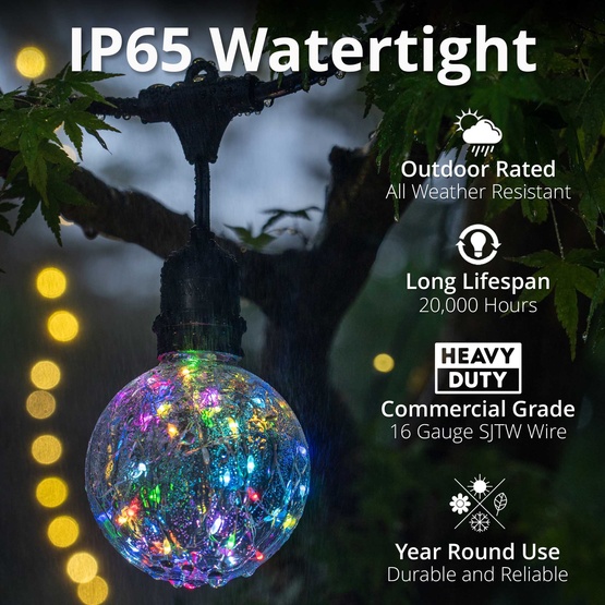 15' G95 RGB Color Change Suspended LEDimagine TM Globe String Lights, Commercial Black Wire