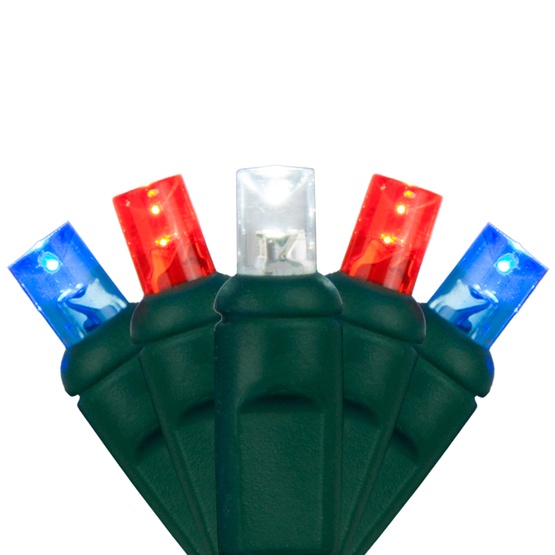 50 5mm Red, White, Blue Patriotic Outdoor LED Mini Lights with Flash, 6" Spacing