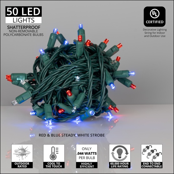 50 5mm Red, White, Blue Patriotic Outdoor LED Mini Lights with Flash, 6" Spacing