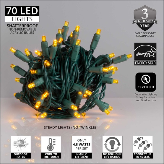 70 5mm Gold LED Christmas Lights, 4" Spacing