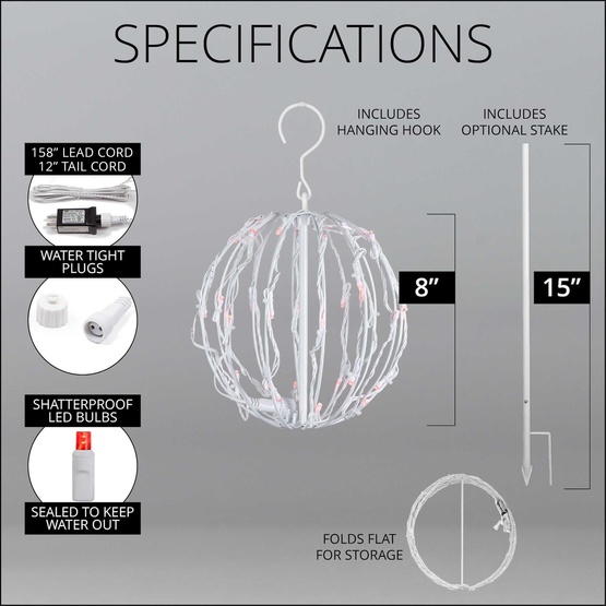 8" Red LED Christmas Light Ball, Fold Flat White Frame
