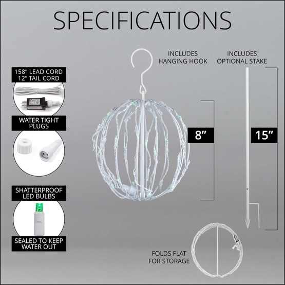 8" Green LED Christmas Light Ball, Fold Flat White Frame