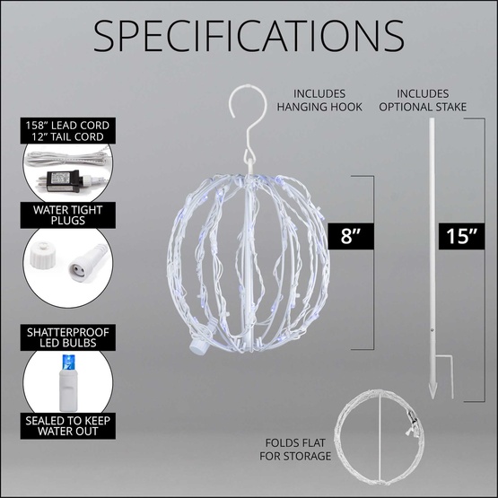 8" Blue LED Christmas Light Ball, Fold Flat White Frame