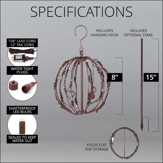 8" Warm White LED Christmas Light Ball, Fold Flat Brown Frame