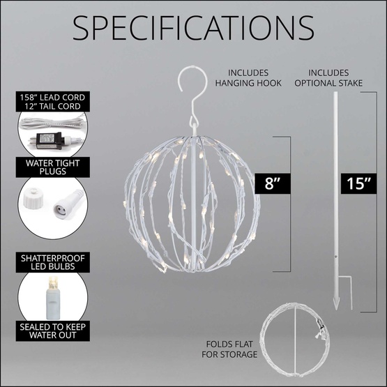 8" Warm White LED Christmas Light Ball, Fold Flat White Frame